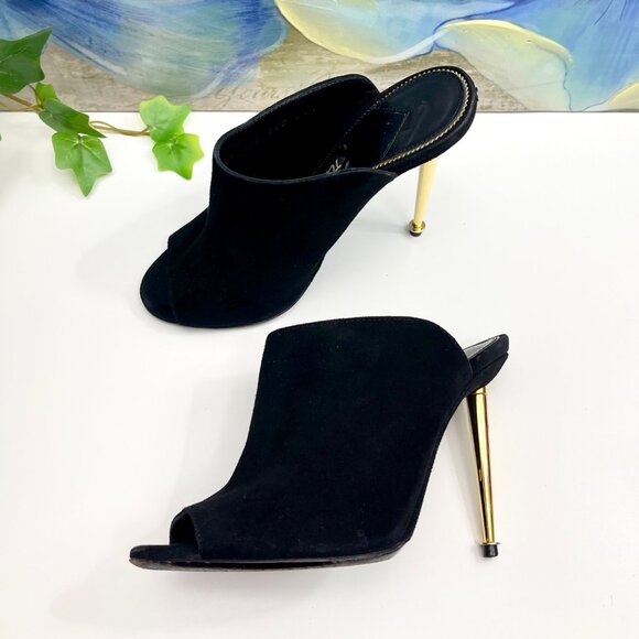 Tom Ford Black Suede Peep-Toe Mules With Gold Stiletto Heel Size 35 - Picture 12 of 12
